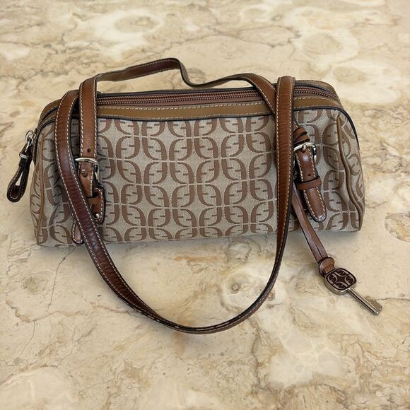 Fossil Khaki Beige Signature Canvas Brown Leather Small Satchel Shoulder Bag - Picture 5 of 16